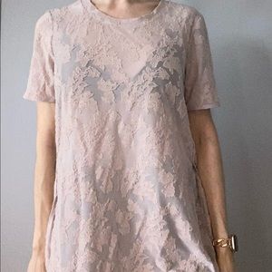 Wilfred | Aritzia | long t-shirt semi-sheer with appliqué flowers | lavender